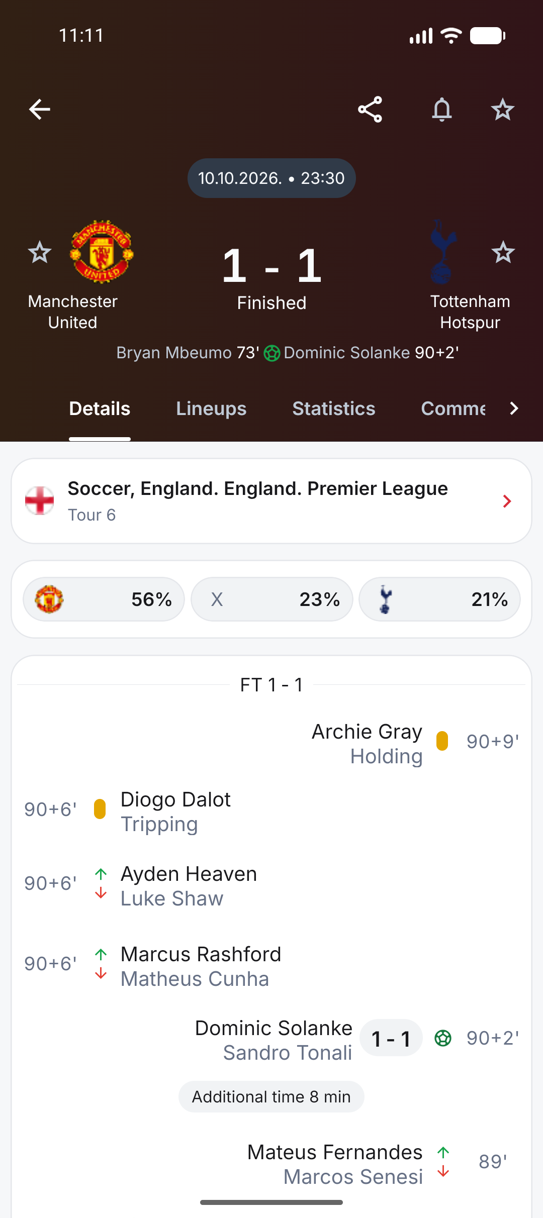 Manchester United versus Tottenham match detail in the Veyscore app