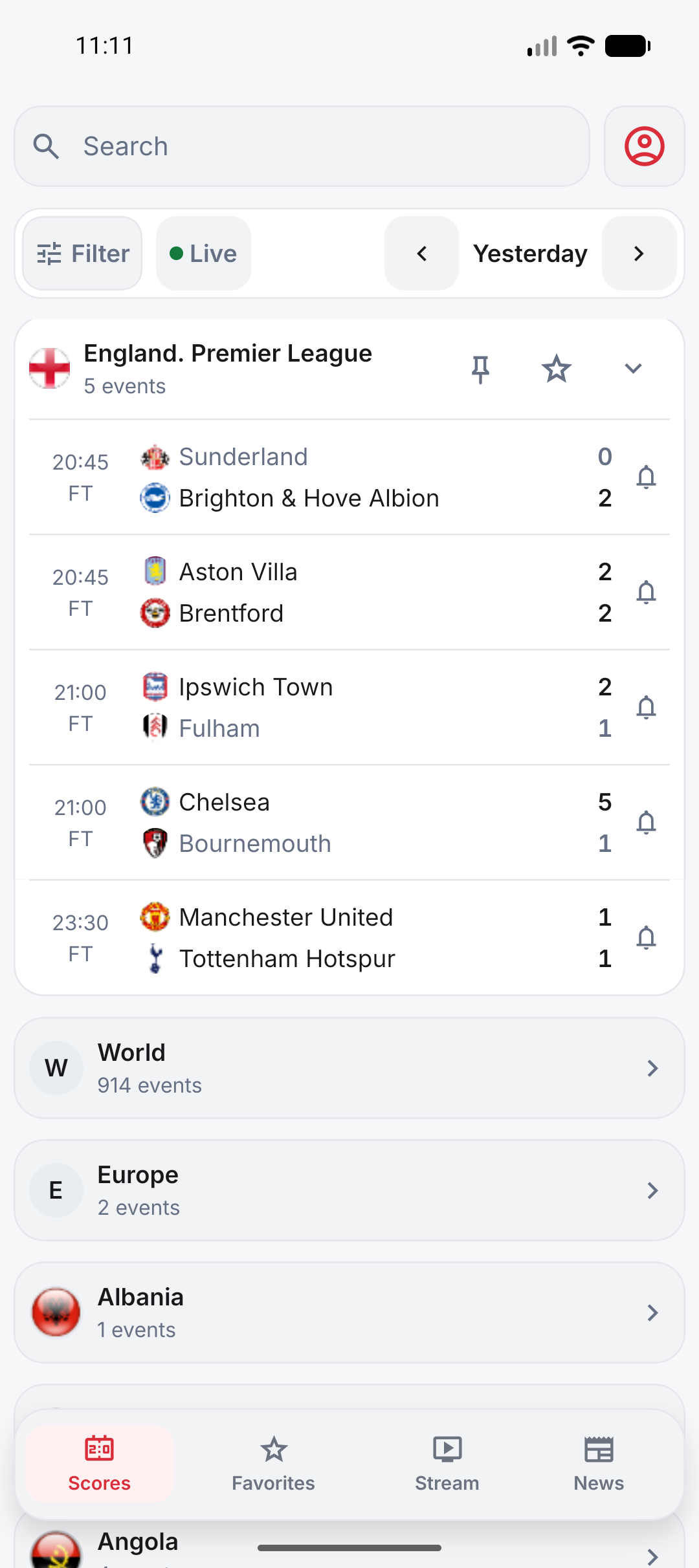 Actual Veyscore screenshot showing Premier League results for Chelsea, Manchester United and Tottenham